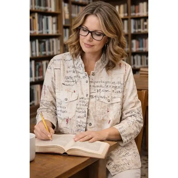 VTG Ruby Rd. Women's Sz 14 Script Print Button Up Jacket Postcard Graphic Blouse - Picture 1 of 7